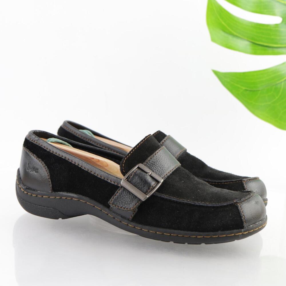 Born Womens Jami Loafer Size 7 Black Suede Buckle Strap Comfort Flat Shoe SlipOn